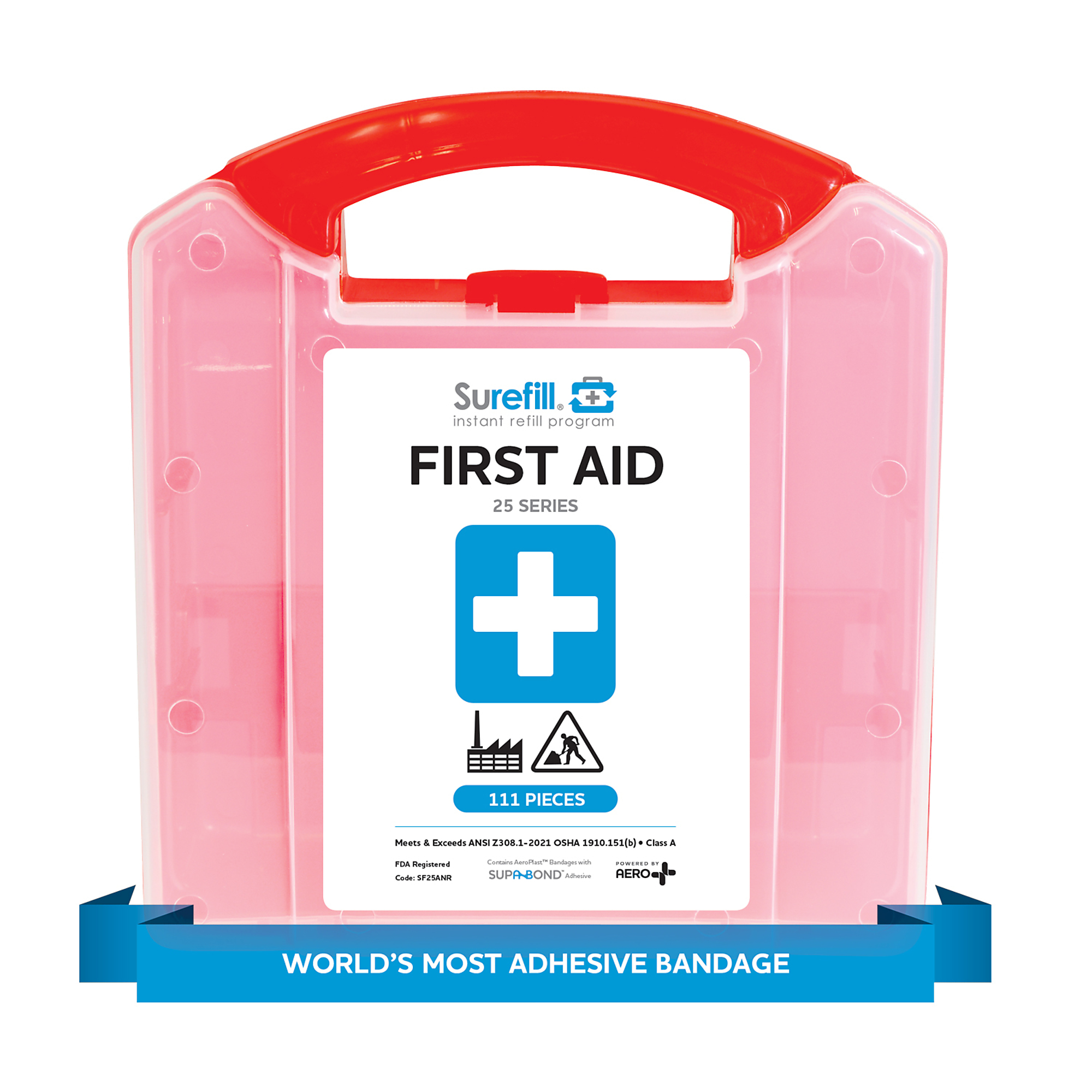 Aero Healthcare, 25 ANSI 2021 A+ First Aid Kit, Plastic Case, Items Per Kit 111 Class A, ANSI Compliant, Model# SF25ANR